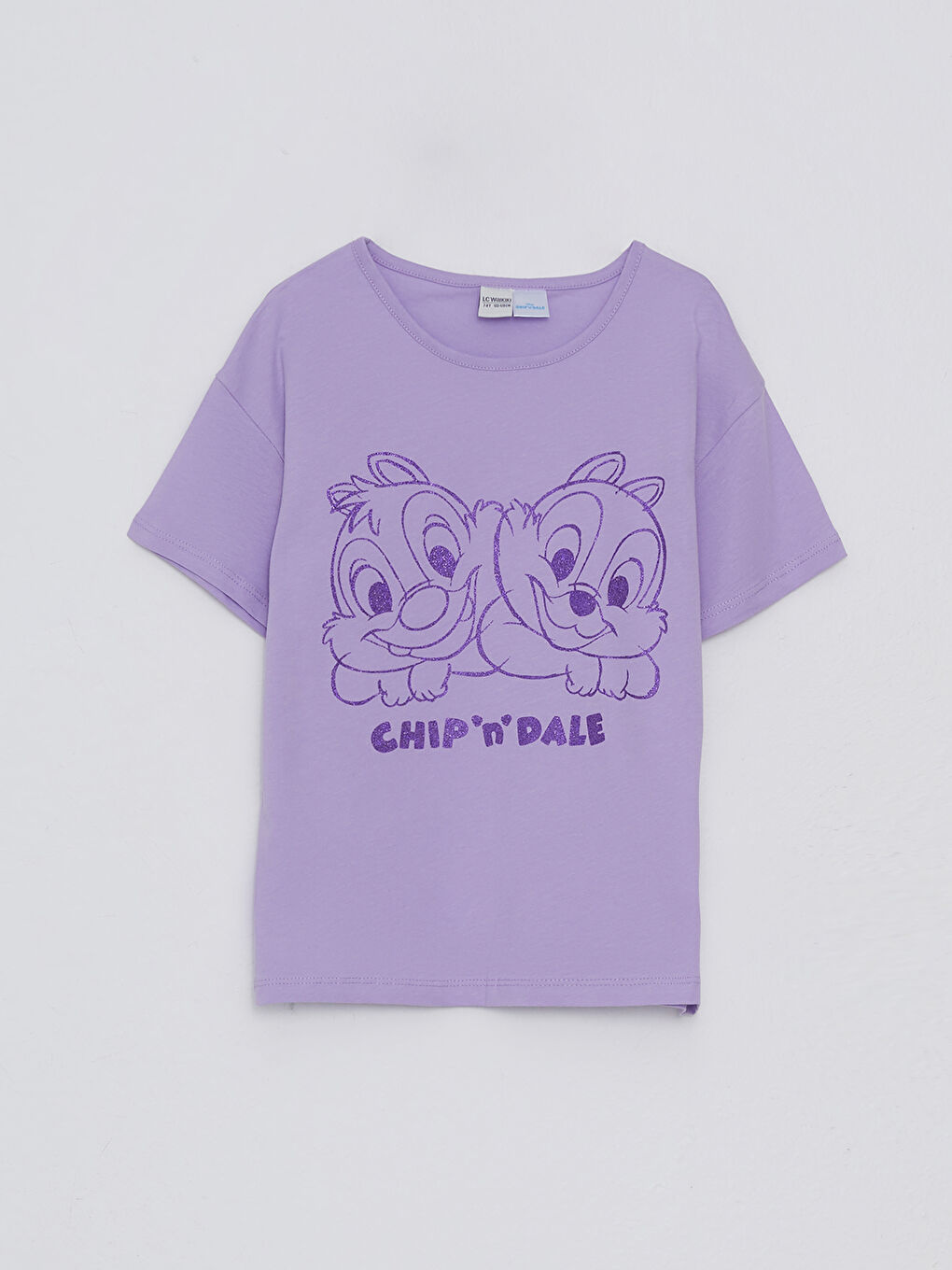 Lila Bisiklet Yaka Chip'n Dale Baskılı Kısa Kollu Pamuklu Kız Çocuk Tişört