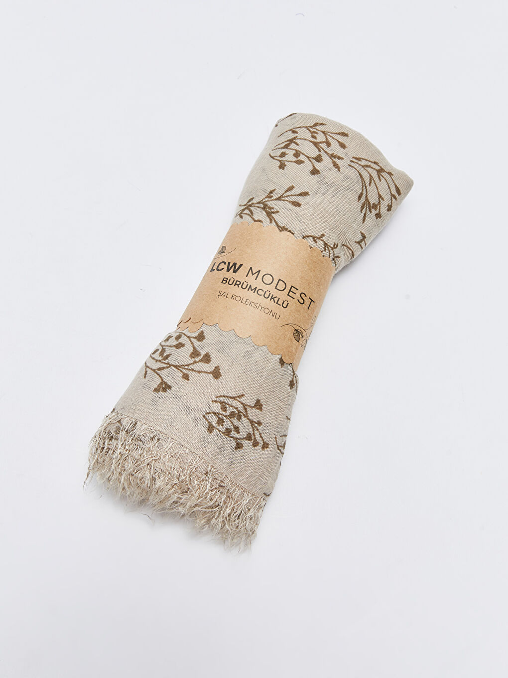 Bej Desenli Saçaklı Kadın Bürümcüklü Şal