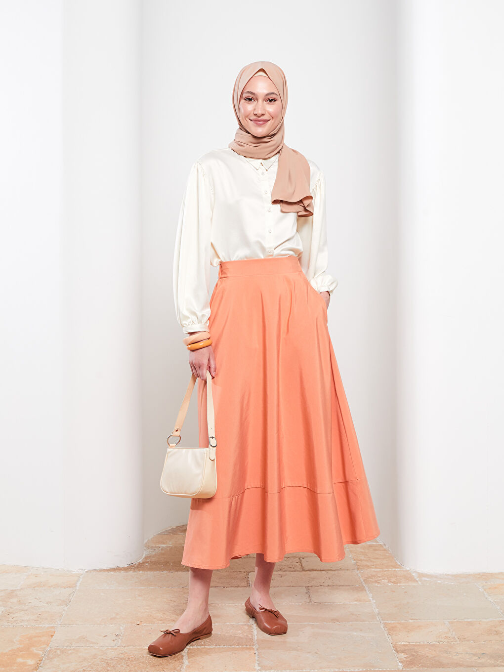 Bej Kadın Düz Medine İpeği Şal-5