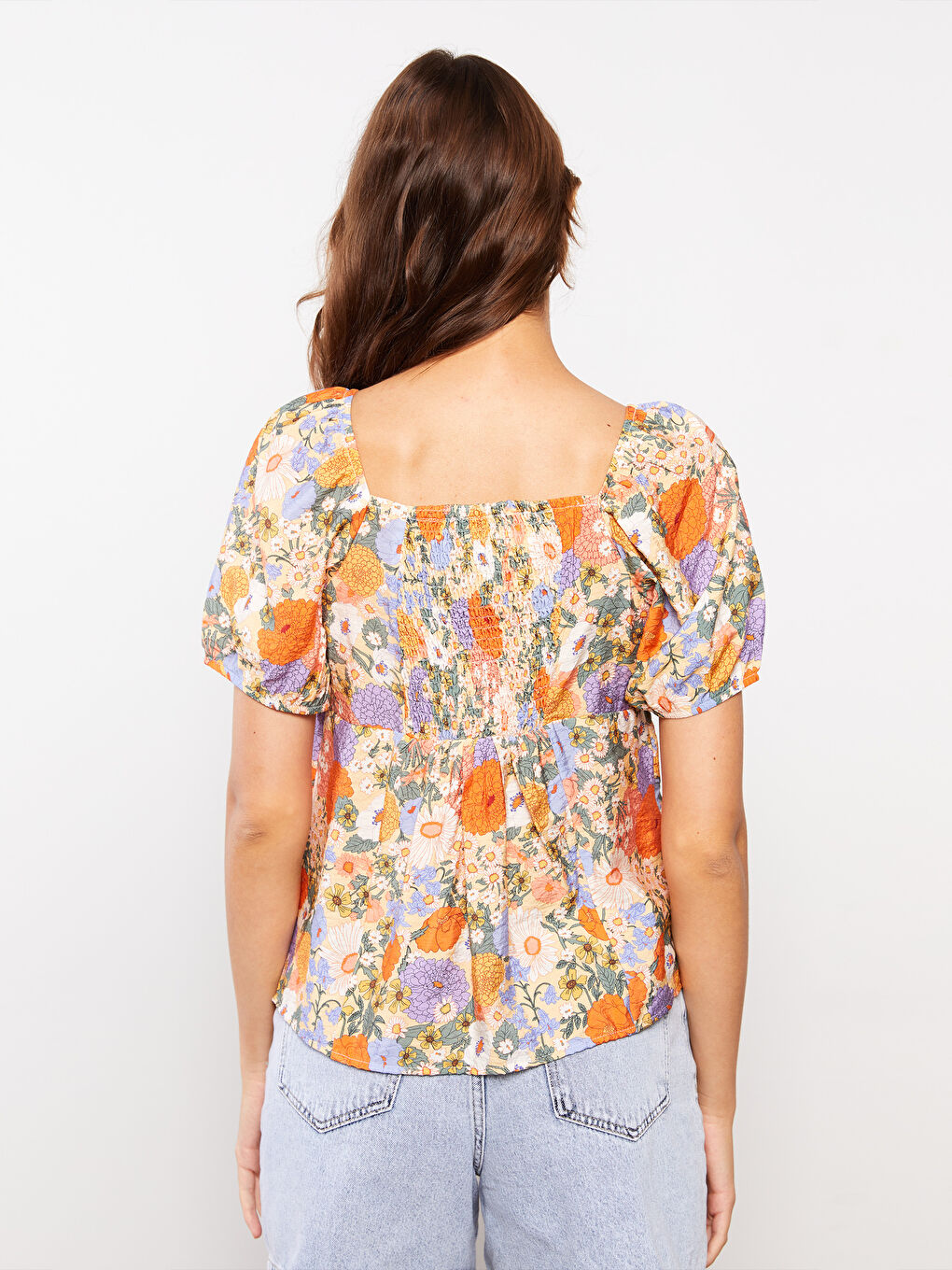 Karışık Kare Yaka Çiçekli Kısa Kollu Kadın Bluz-4