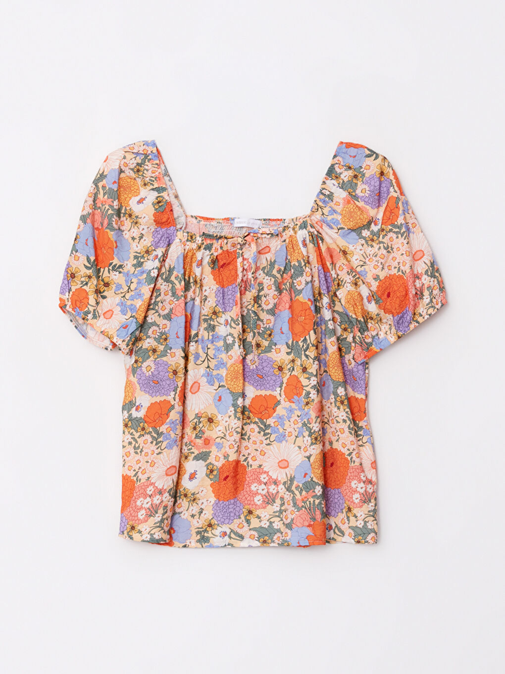 Karışık Kare Yaka Çiçekli Kısa Kollu Kadın Bluz-5