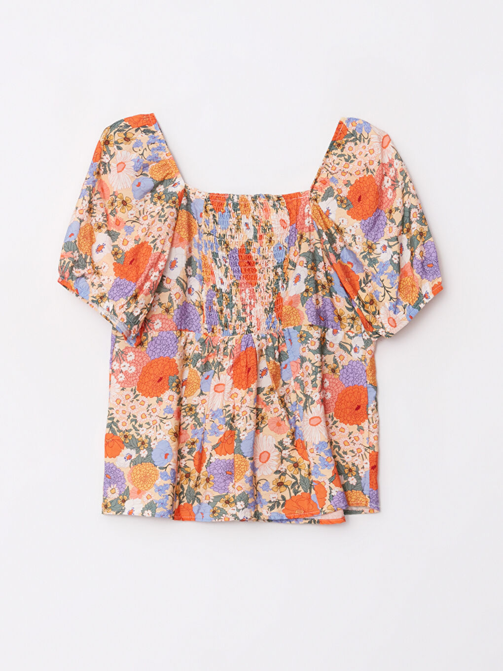 Karışık Kare Yaka Çiçekli Kısa Kollu Kadın Bluz-6