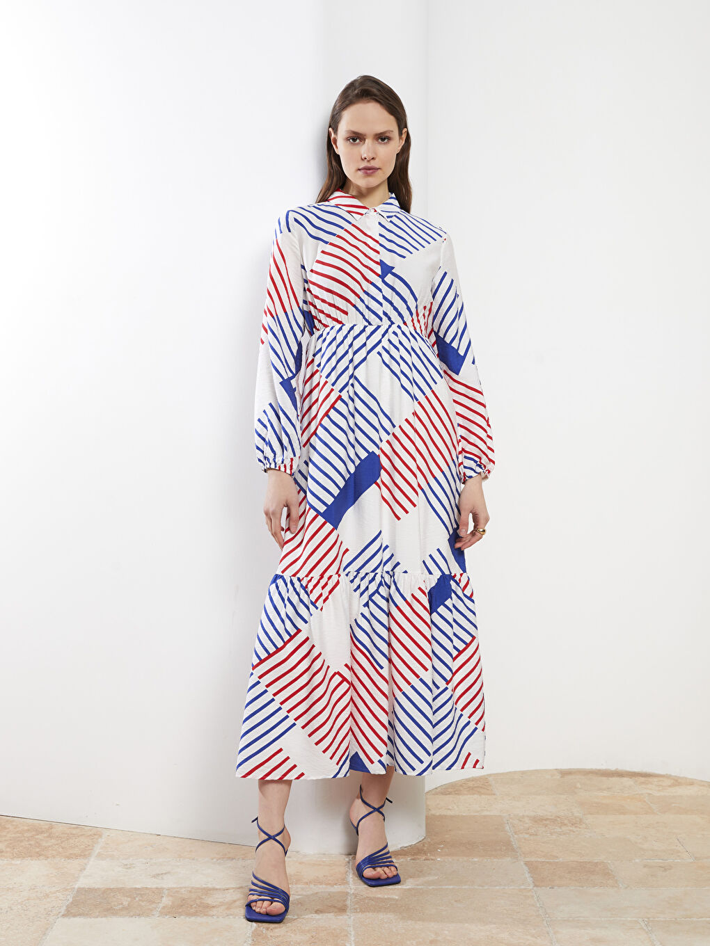 Collared Neck Patterned Long Sleeve Women's Dress
