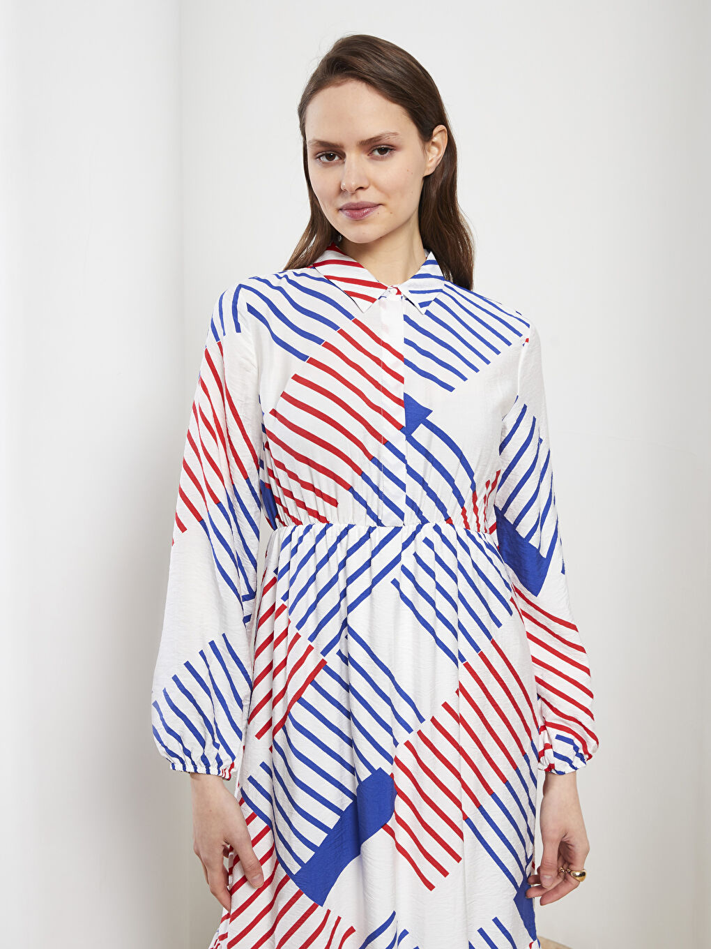 Collared Neck Patterned Long Sleeve Women's Dress-1