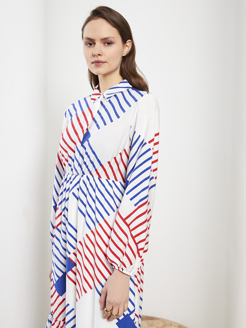 Collared Neck Patterned Long Sleeve Women's Dress-2