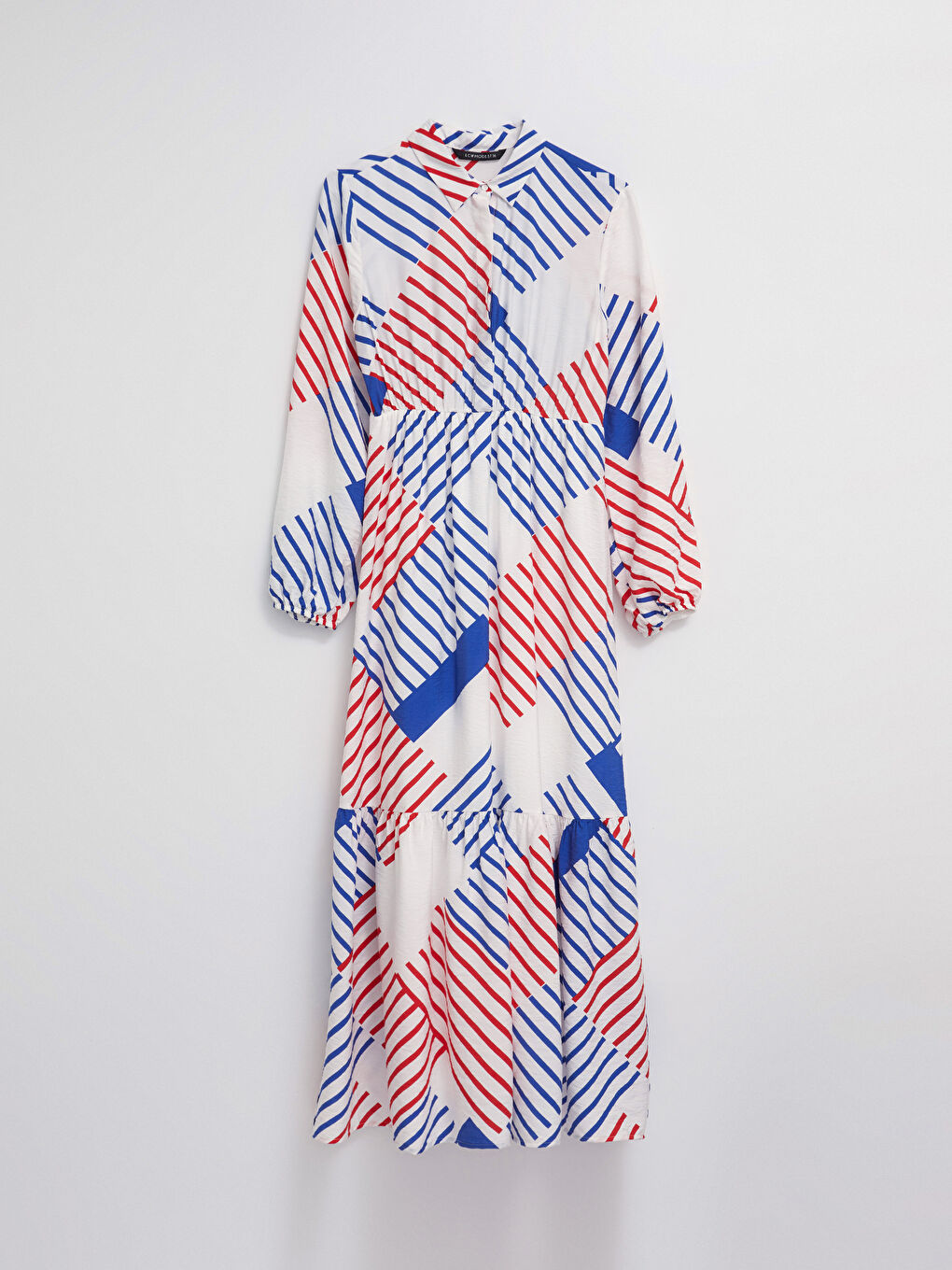 Collared Neck Patterned Long Sleeve Women's Dress-5