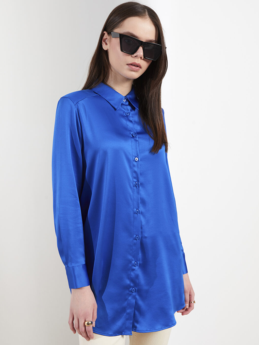Plain Long Sleeve Satin Women's Shirt Tunic