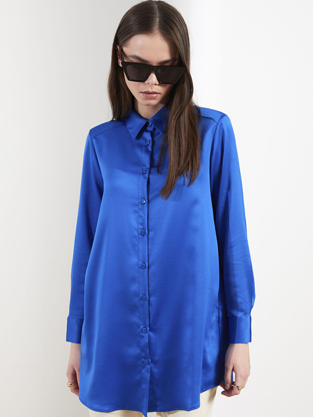 Plain Long Sleeve Satin Women's Shirt Tunic-1