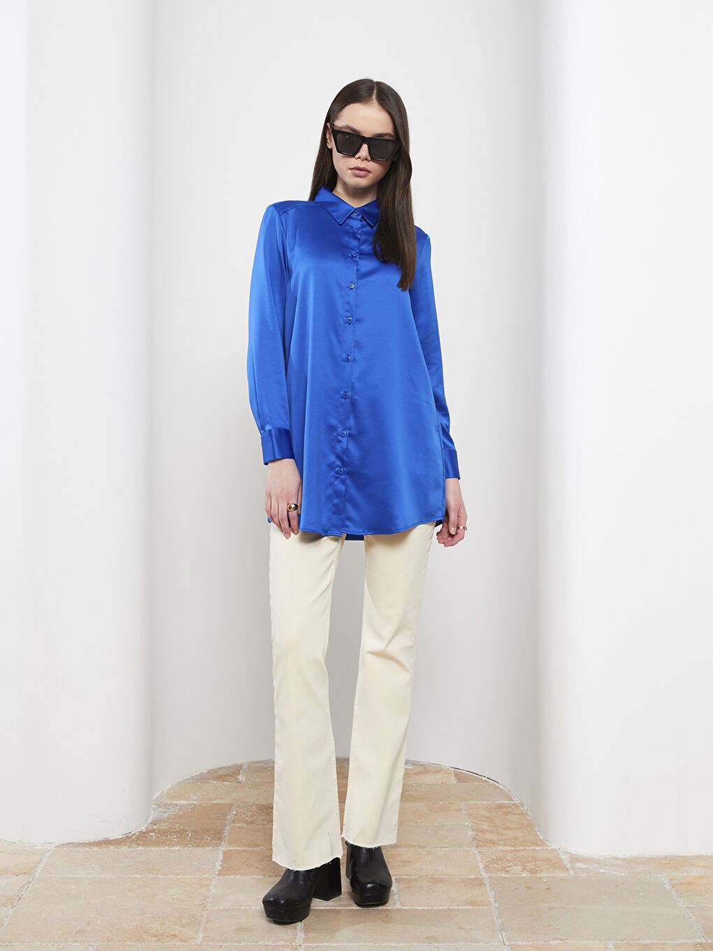 Plain Long Sleeve Satin Women's Shirt Tunic-2