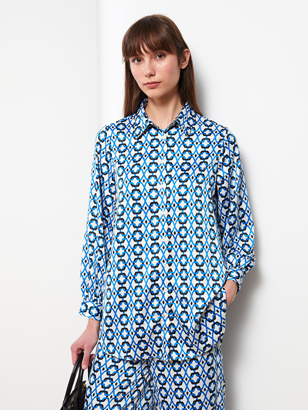 Mavi Desenli Saten Kadın Gömlek Tunik-2