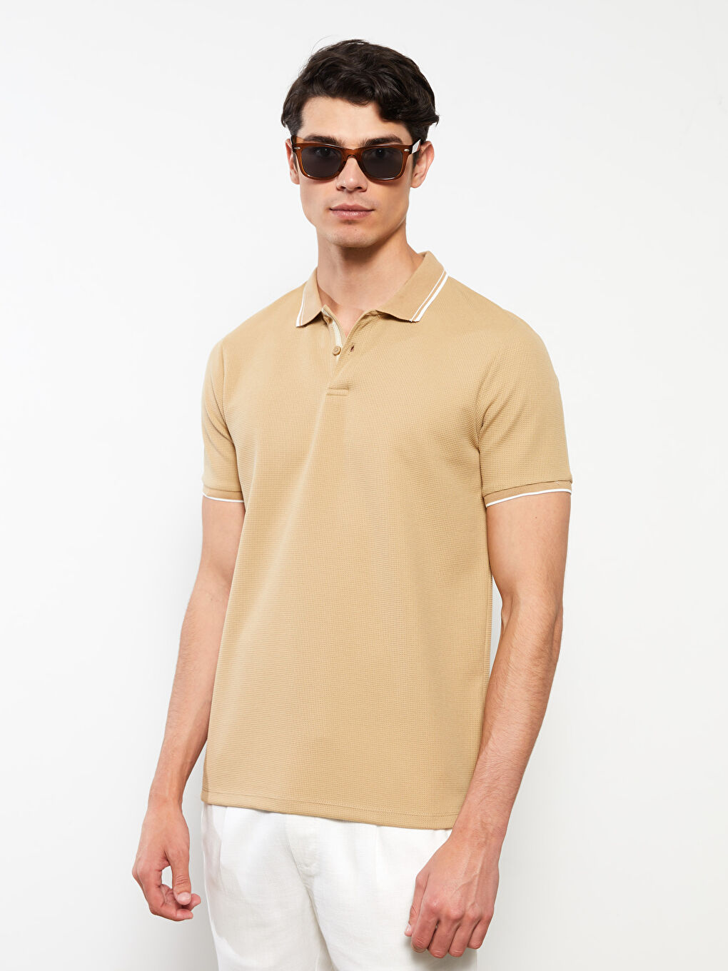 Bej Polo Yaka Kısa Kollu Erkek Tişört