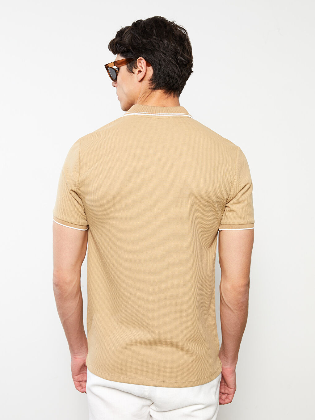 Bej Polo Yaka Kısa Kollu Erkek Tişört-4