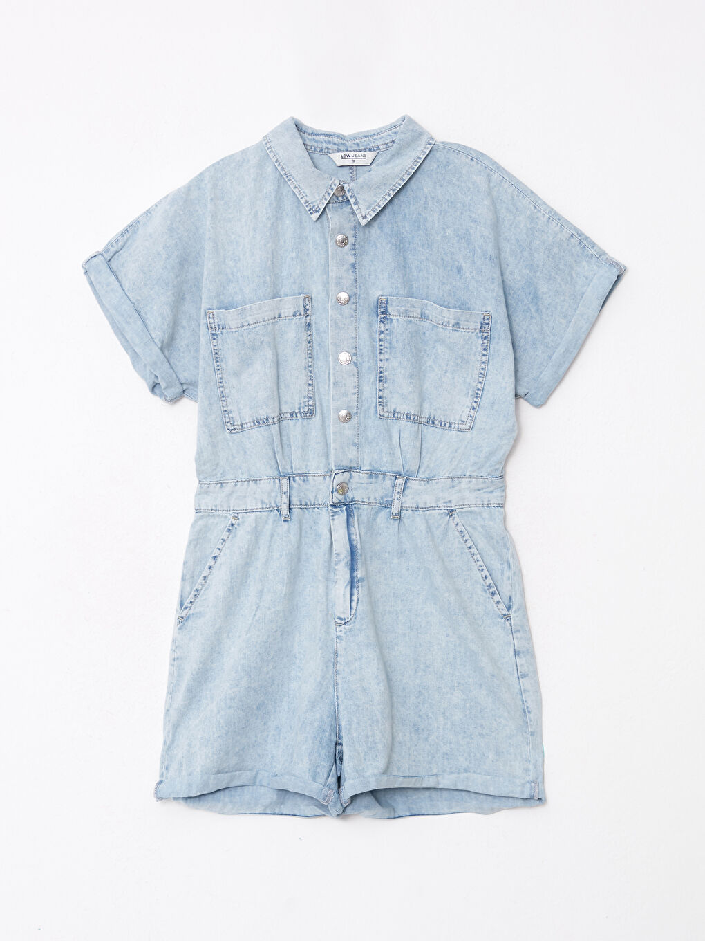 Salopetă din denim cu guler de cămașă, mânecă scurtă, pentru femei, Rodeo Jean-5