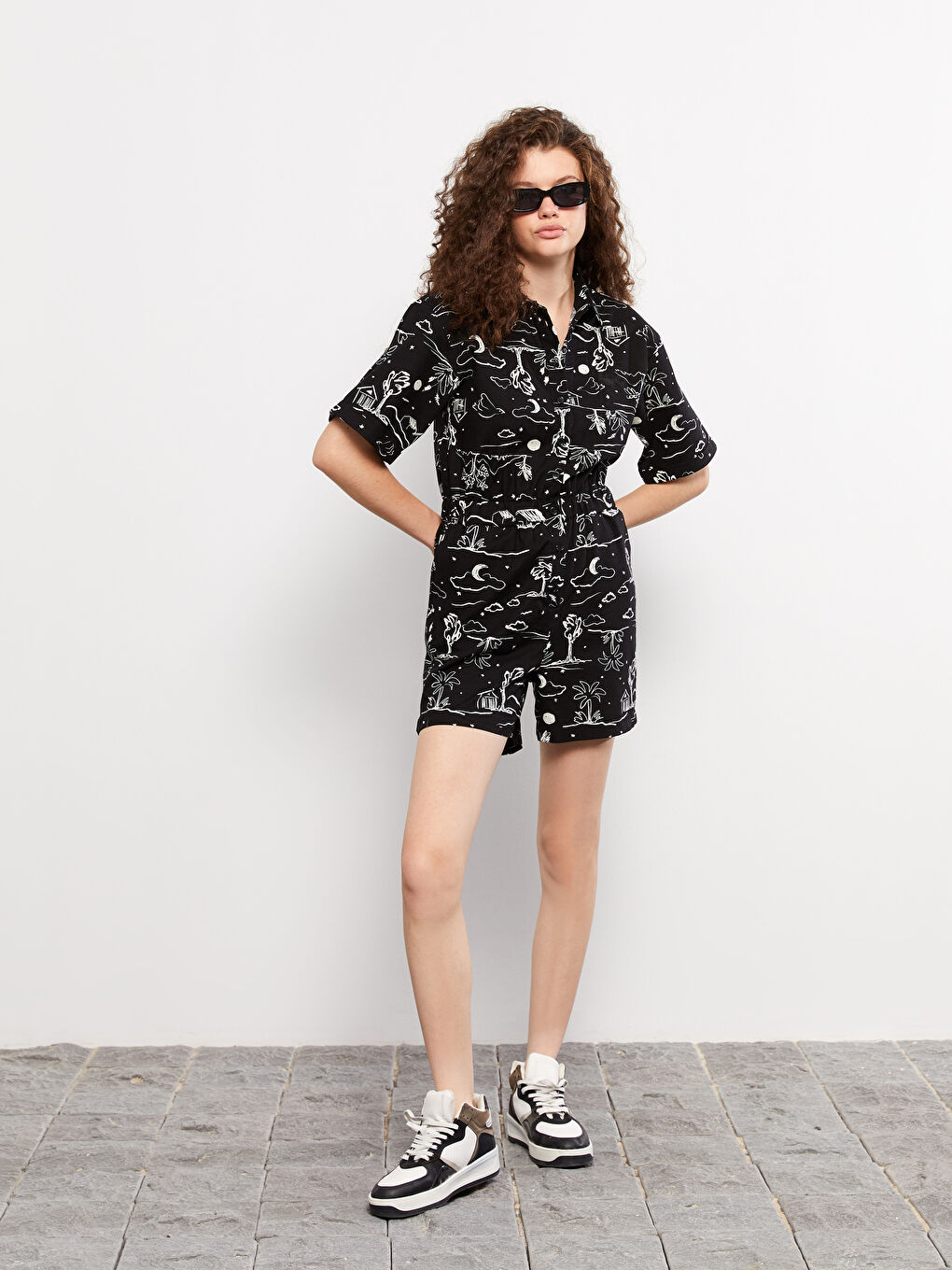 Shirt Collar Patterned Short Sleeve  Women's Overalls -S2KS94Z8-LQJ