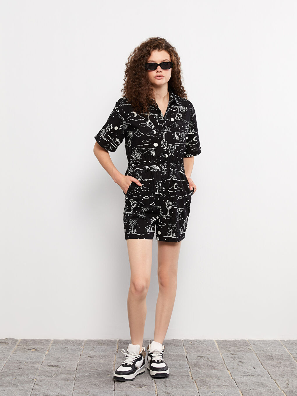 Shirt Collar Patterned Short Sleeve  Women's Overalls -S2KS94Z8-LQJ