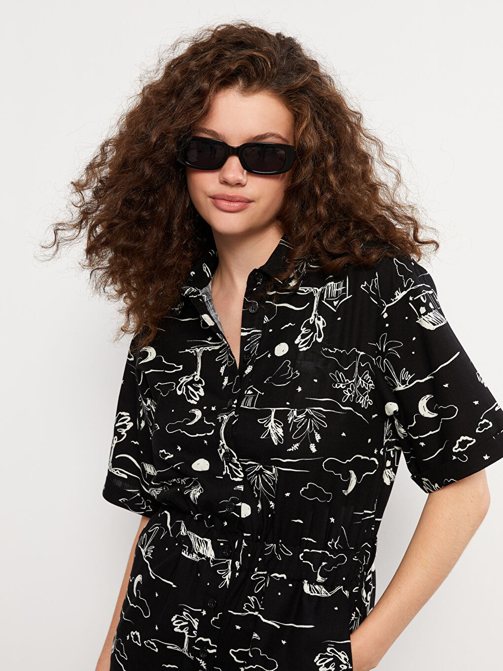 Shirt Collar Patterned Short Sleeve  Women's Overalls -S2KS94Z8-LQJ
