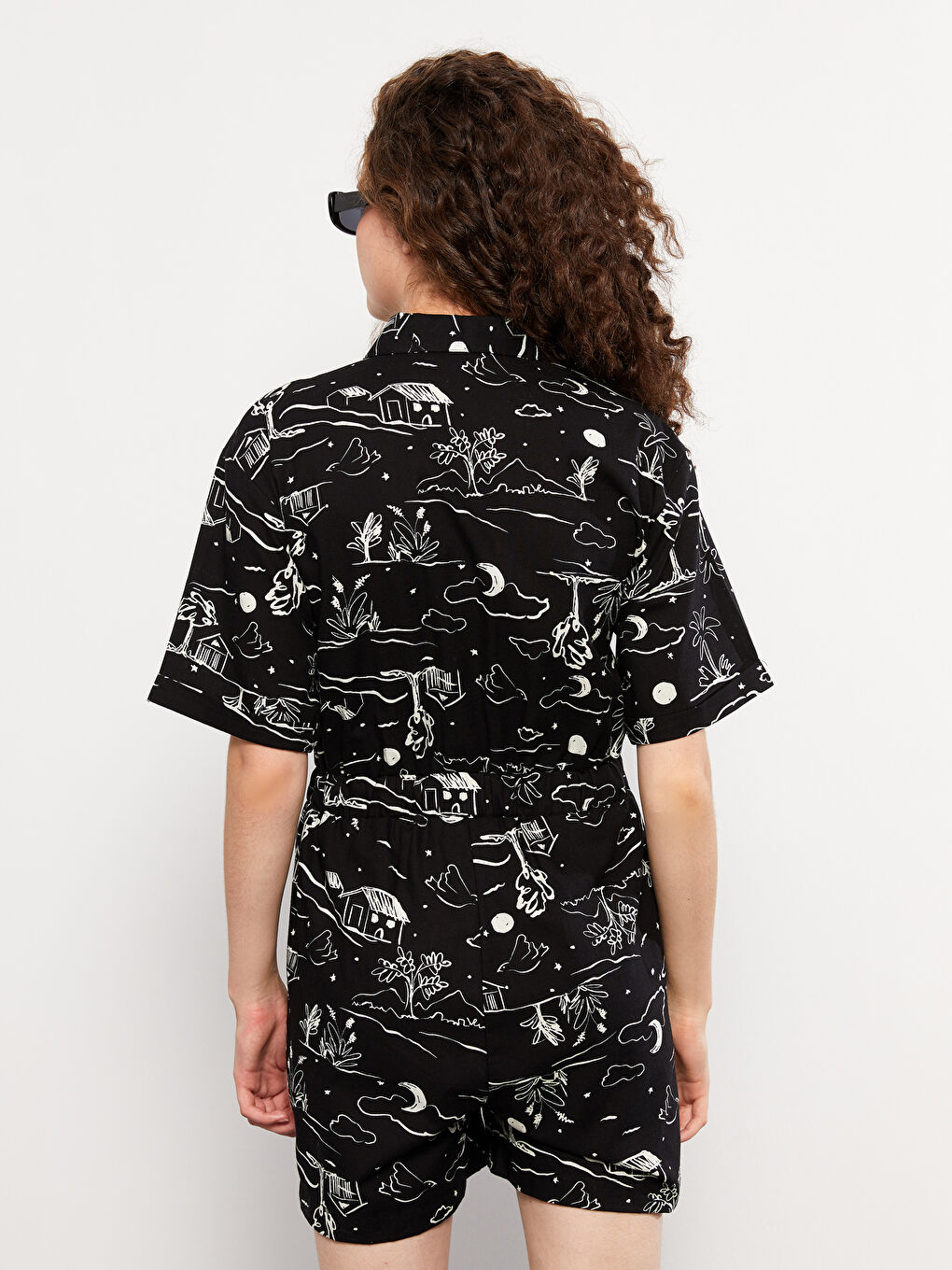 Shirt Collar Patterned Short Sleeve  Women's Overalls -S2KS94Z8-LQJ