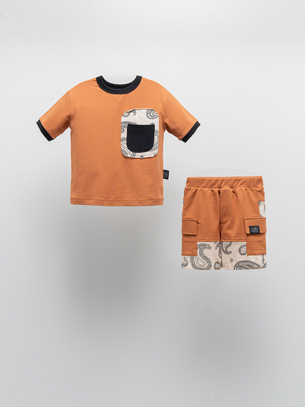 Turuncu Bisiklet Yaka Baskılı Kısa Kollu Çocuk Tişört ve Şort