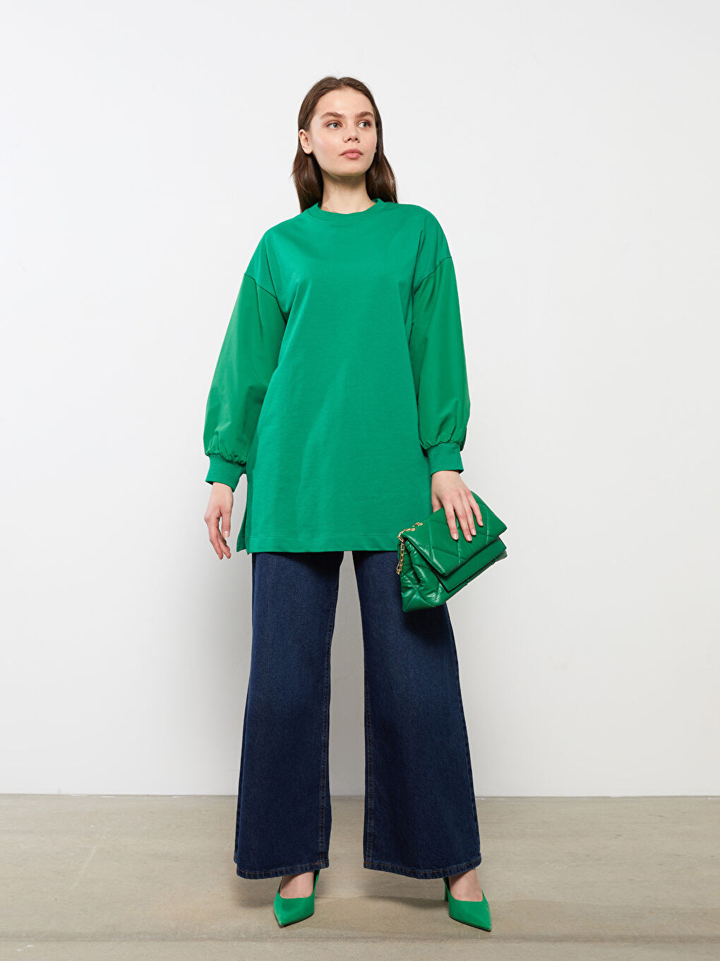 تونيك سويتشيرت كم طويل سادة بياقة دائرية للسيدات