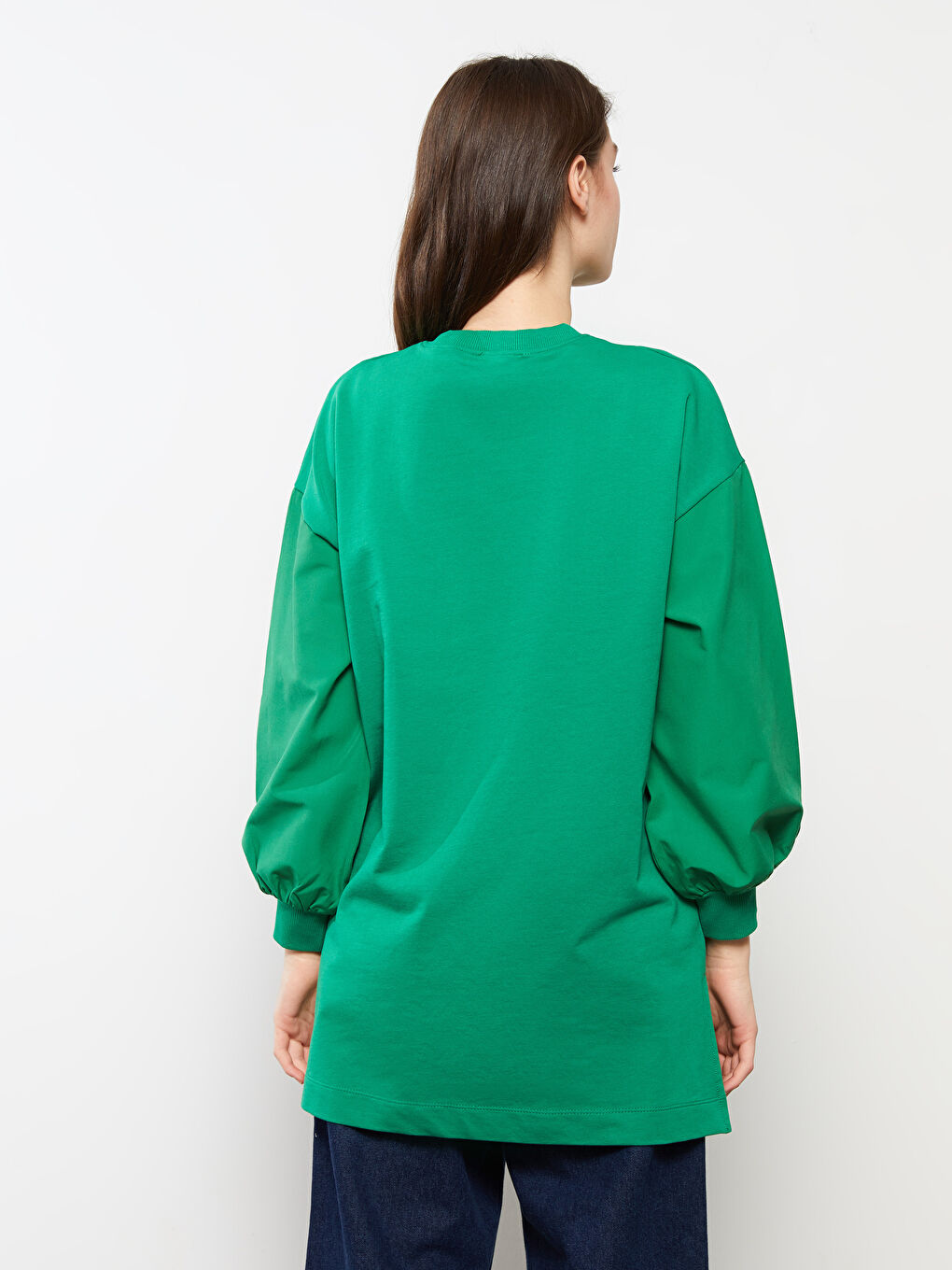 تونيك سويتشيرت كم طويل سادة بياقة دائرية للسيدات-3