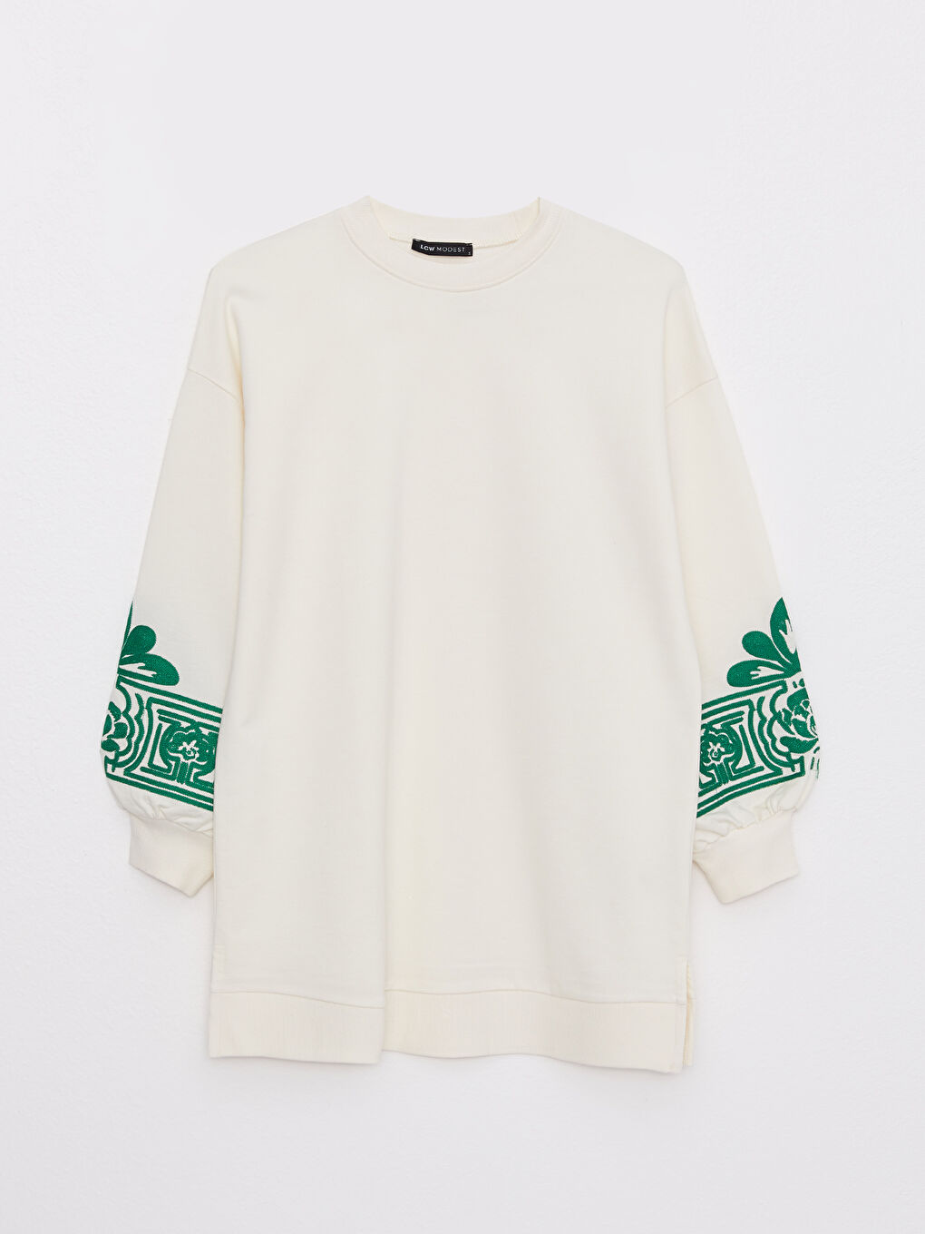 Ekru Bisiklet Yaka Nakış Detaylı Uzun Kollu Kadın Sweatshirt Tunik-5