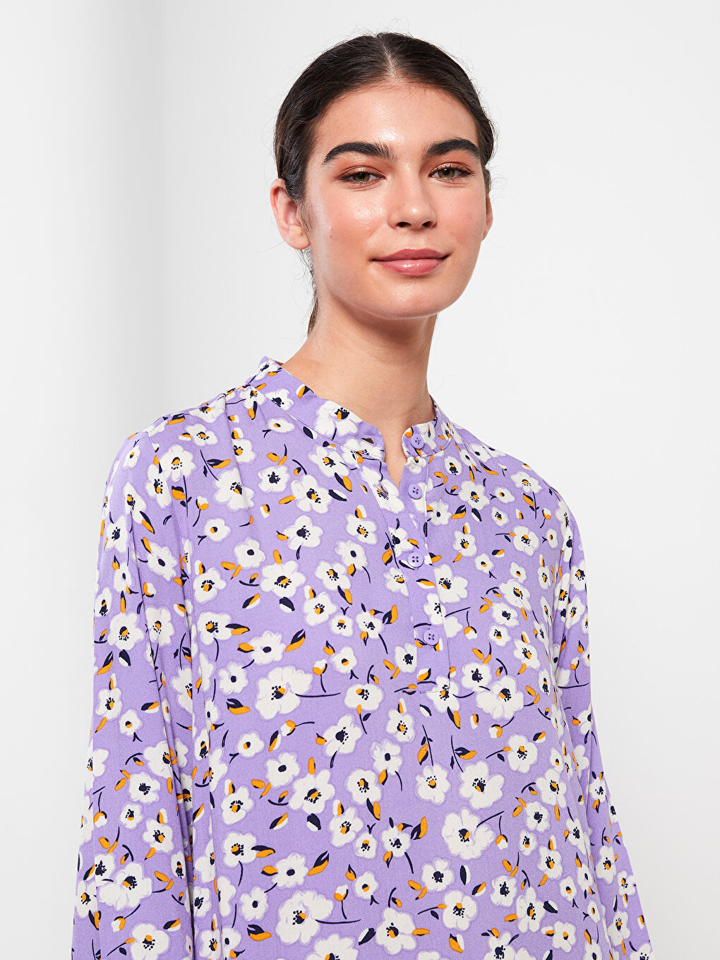 Mor Hakim Yaka Çiçekli Uzun Kollu Viskon Kadın Elbise-2