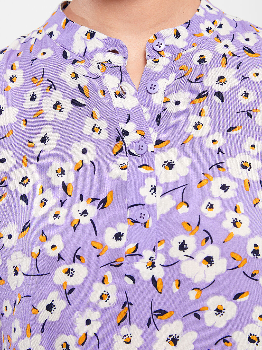 Mor Hakim Yaka Çiçekli Uzun Kollu Viskon Kadın Elbise-3