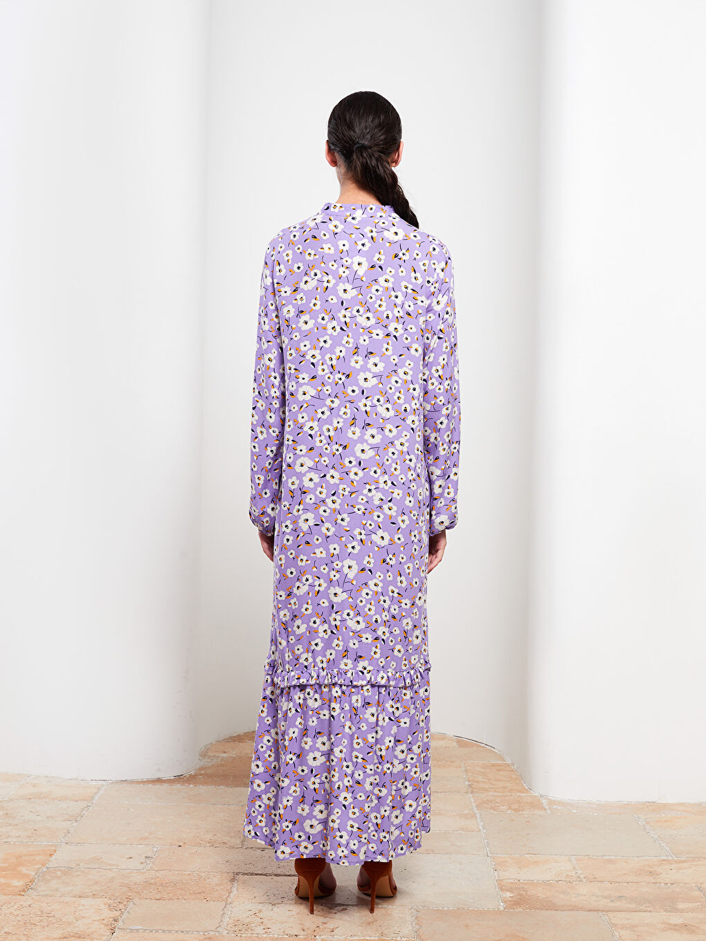 Mor Hakim Yaka Çiçekli Uzun Kollu Viskon Kadın Elbise-4