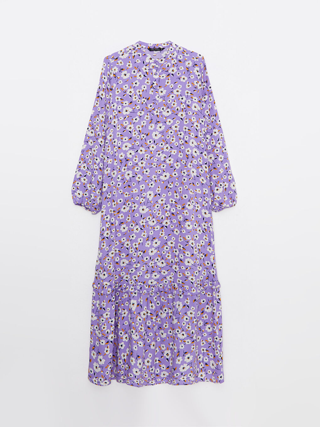 Mor Hakim Yaka Çiçekli Uzun Kollu Viskon Kadın Elbise-5