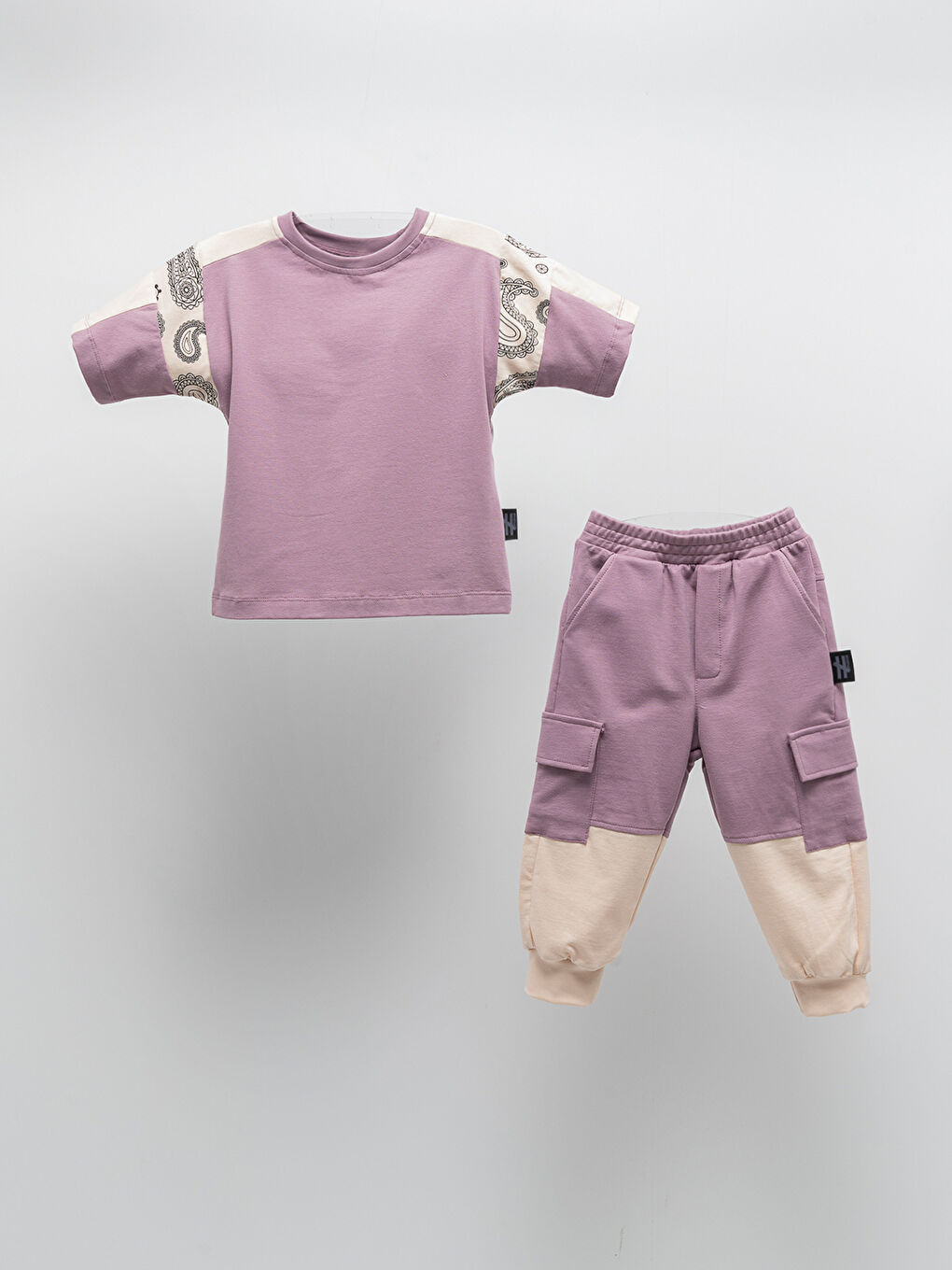 Mor Bisiklet Yaka Kısa Kollu Bebek Tişört ve Jogger Pantolon 2'li