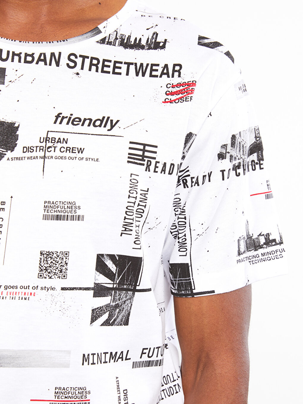 Beyaz Bisiklet Yaka Kısa Kollu Baskılı Penye Erkek Tişört-1