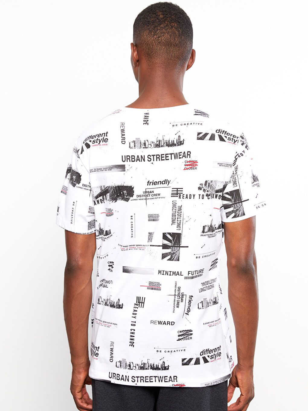 Beyaz Bisiklet Yaka Kısa Kollu Baskılı Penye Erkek Tişört-2