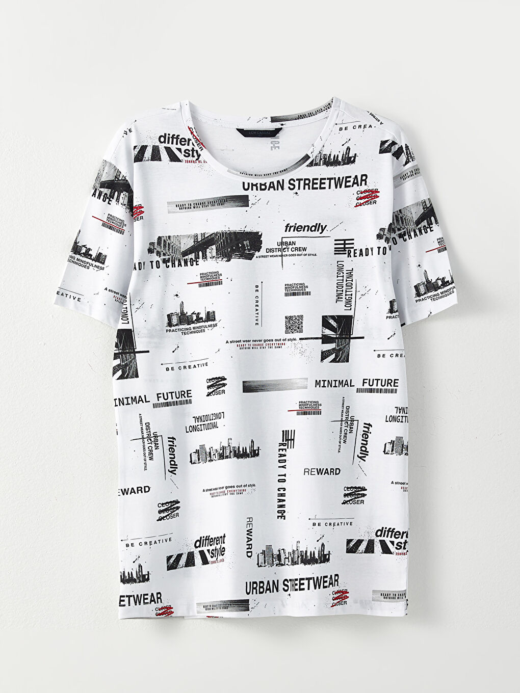 Beyaz Bisiklet Yaka Kısa Kollu Baskılı Penye Erkek Tişört-3