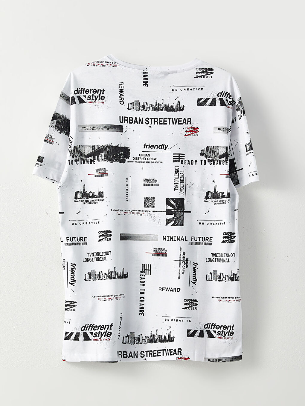 Beyaz Bisiklet Yaka Kısa Kollu Baskılı Penye Erkek Tişört-4