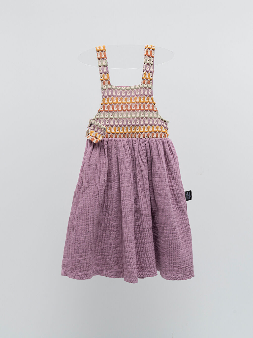 Mor Kare Yaka Desenli Askılı Çocuk Elbise