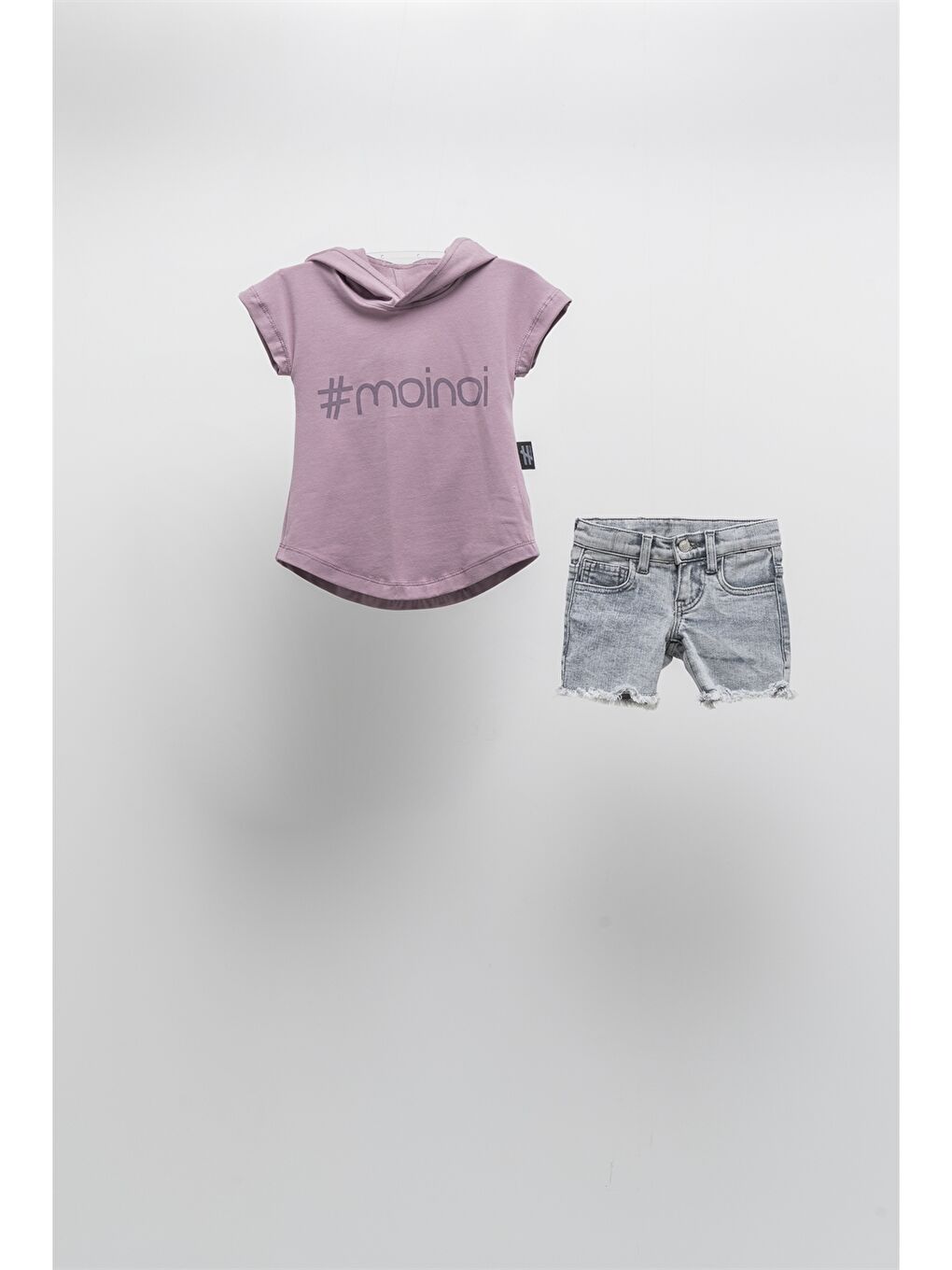 Mor Kapüşonlu Kısa Kollu Kız Çocuk Tişört ve Jean Şort