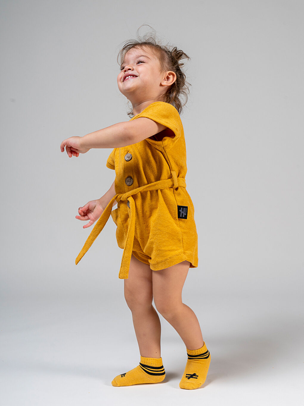 Sarı Bisiklet Yaka Kısa Kollu Havlu Kız Bebek Salopet-1
