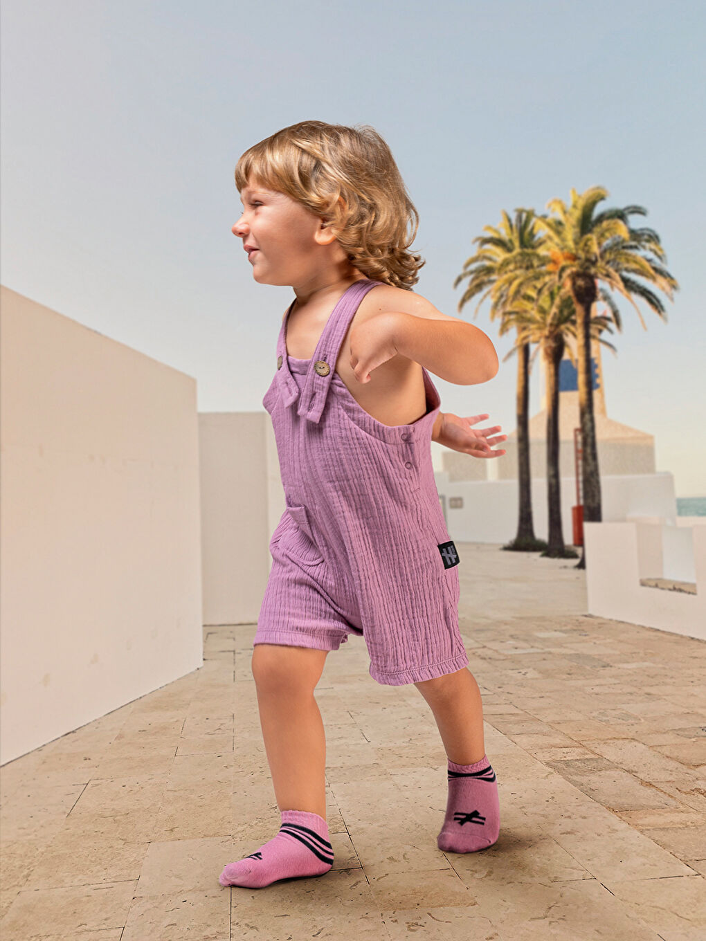 Mor Kare Yaka Askılı Müslin Kız Bebek Salopet