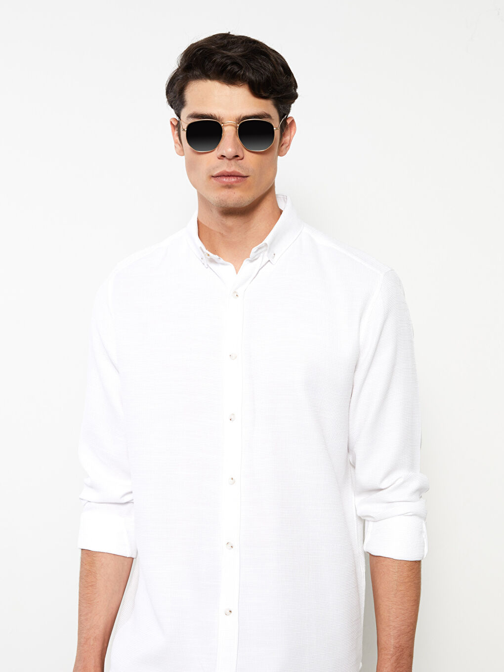 Beyaz Regular Fit Uzun Kollu Armürlü Erkek Gömlek-1