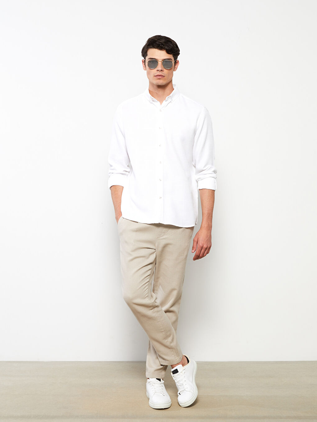 Beyaz Regular Fit Uzun Kollu Armürlü Erkek Gömlek-2