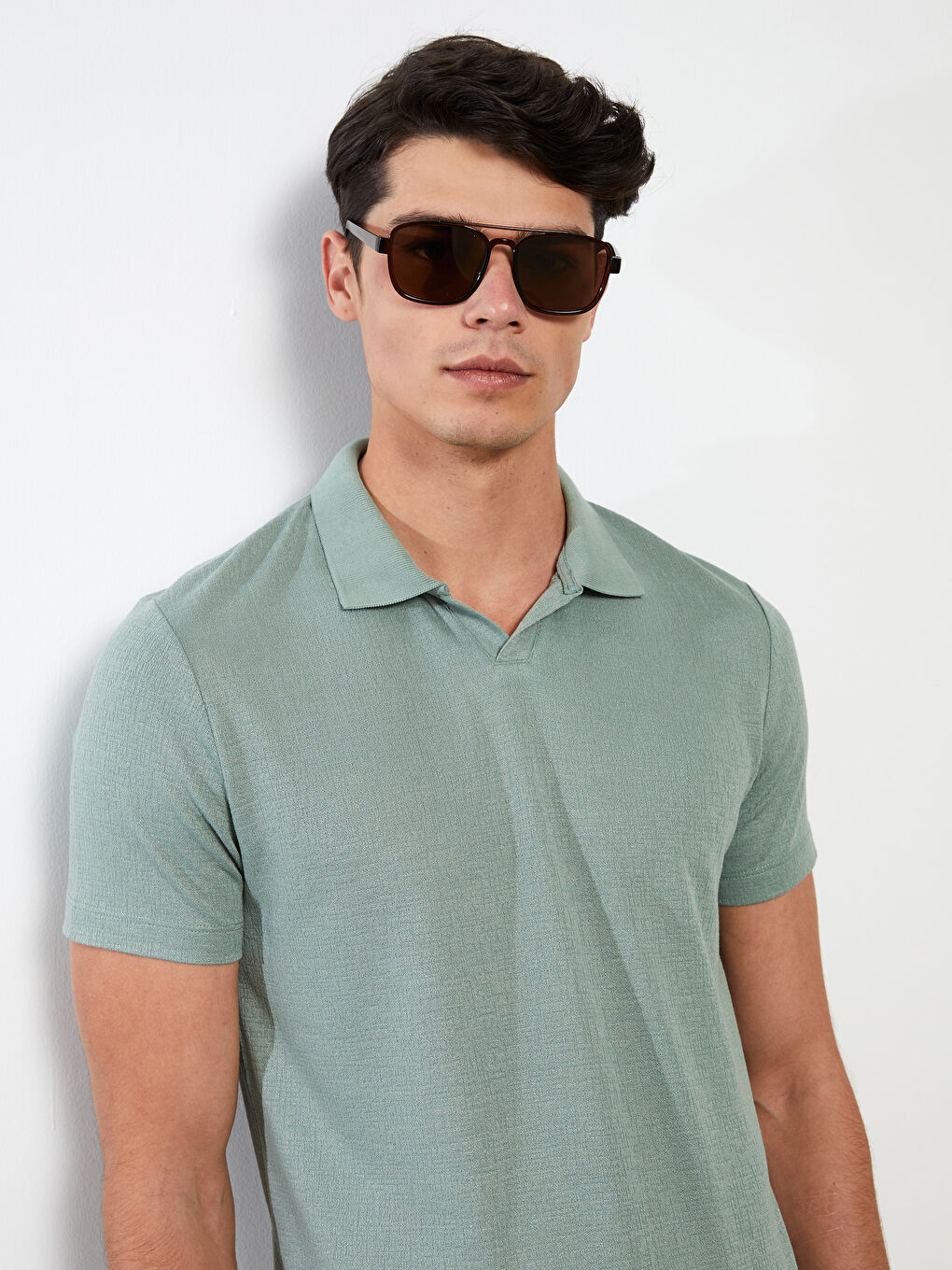 Yeşil Polo Yaka Kısa Kollu Erkek Tişört-1