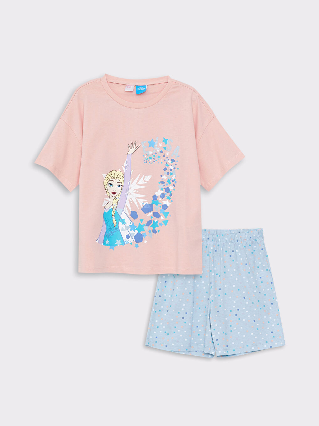 LCW Kids Pembe Bisiklet Yaka Elsa Baskılı Kısa Kollu Kız Çocuk Şortlu Pijama Takımı