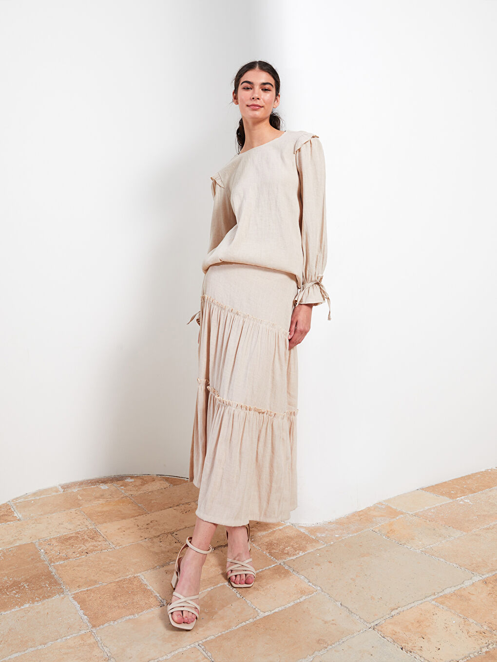 Bej Düz Poplin Kadın Etek