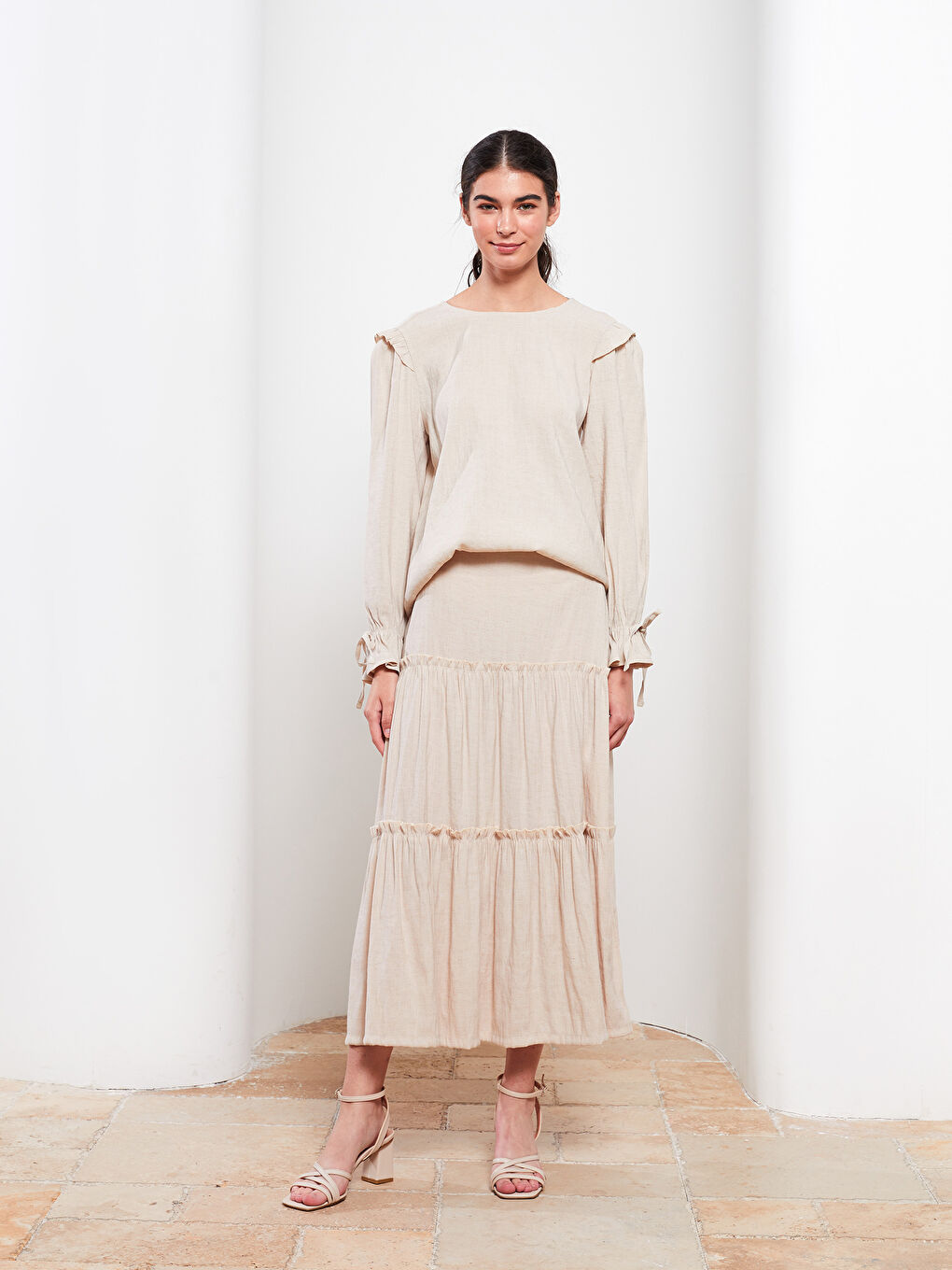 Bej Düz Poplin Kadın Etek-1