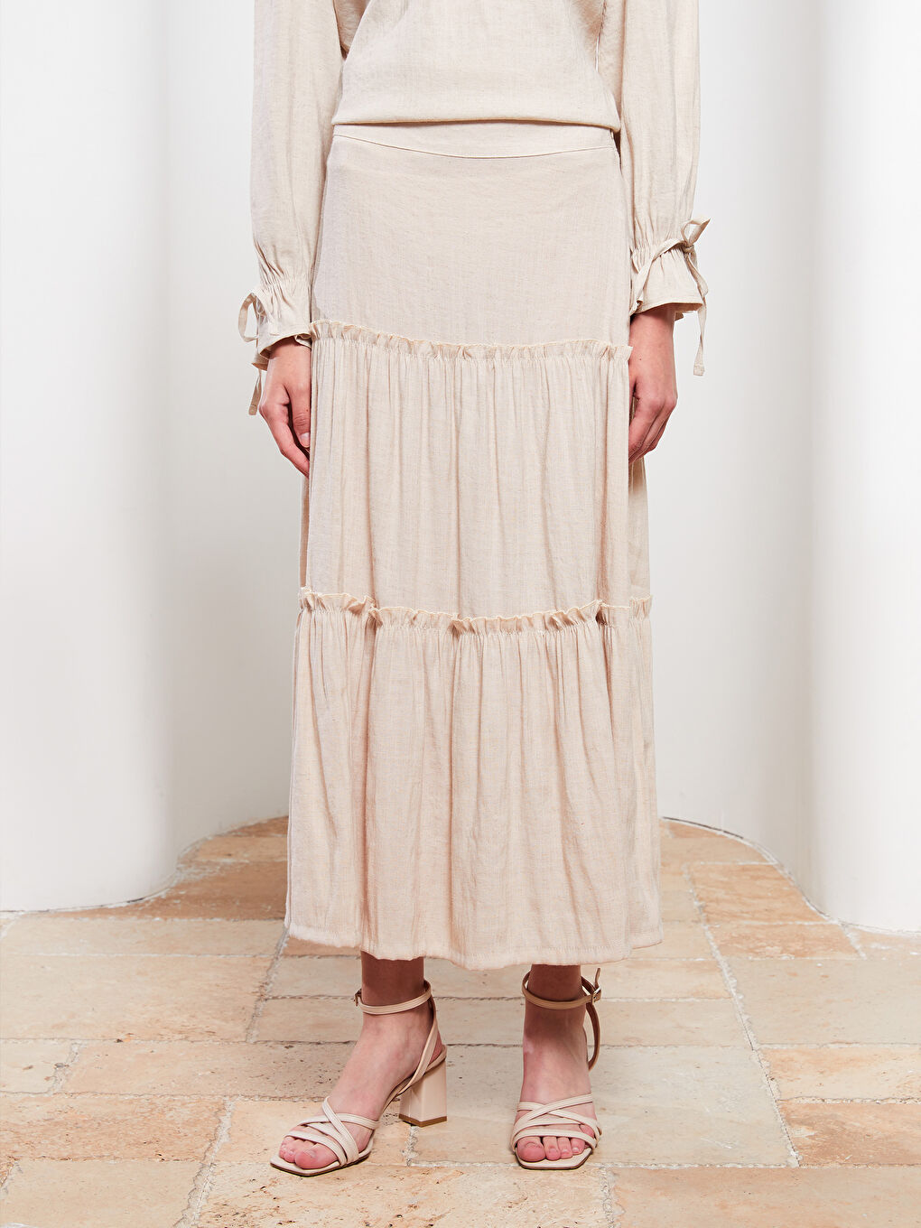 Bej Düz Poplin Kadın Etek-3