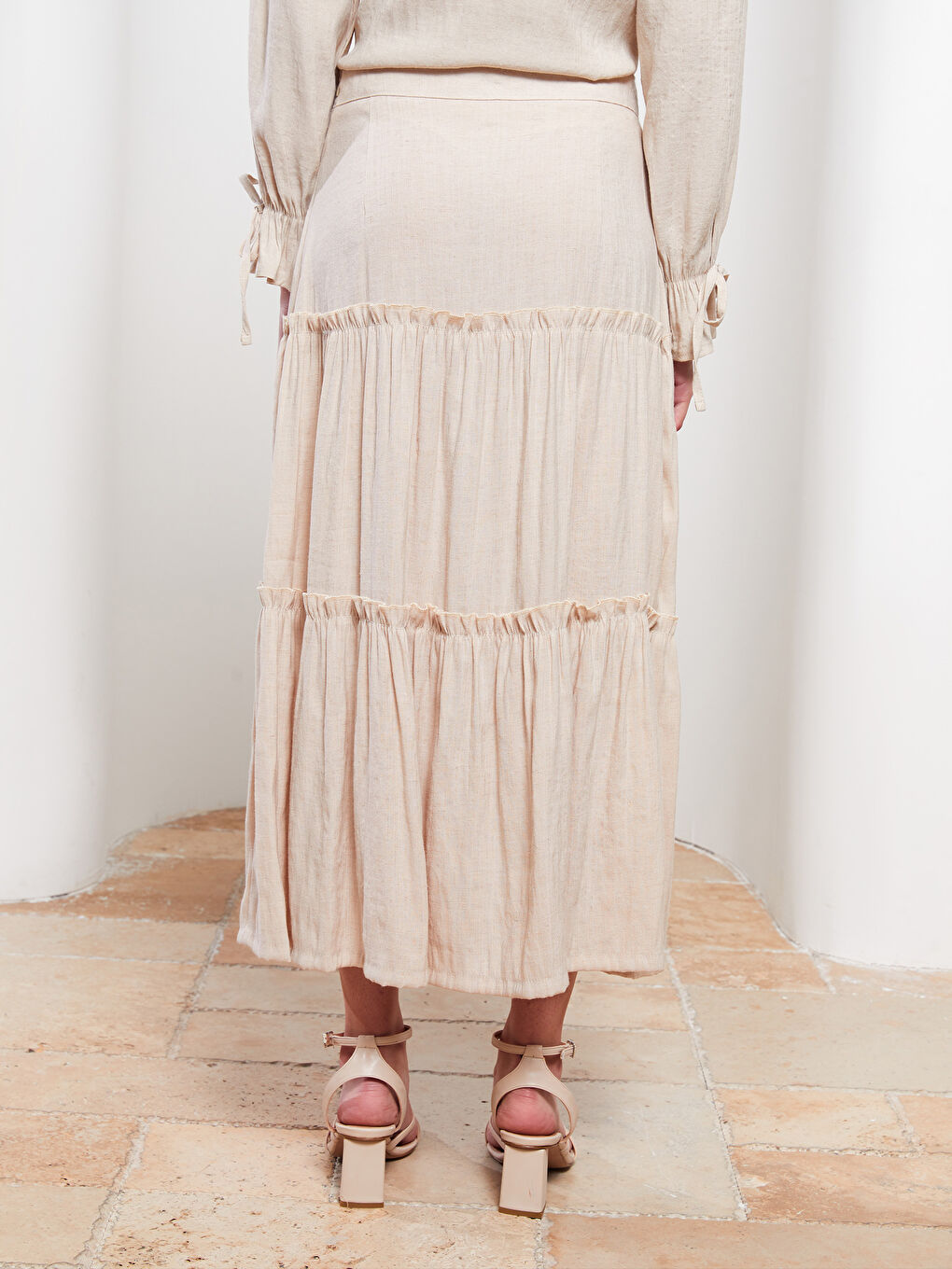 Bej Düz Poplin Kadın Etek-4