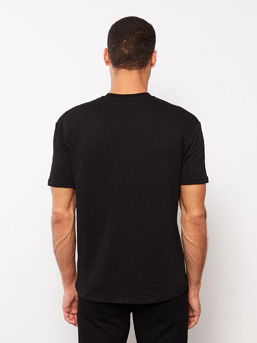 Siyah Bisiklet Yaka Kısa Kollu Çizgili Erkek Tişört-4