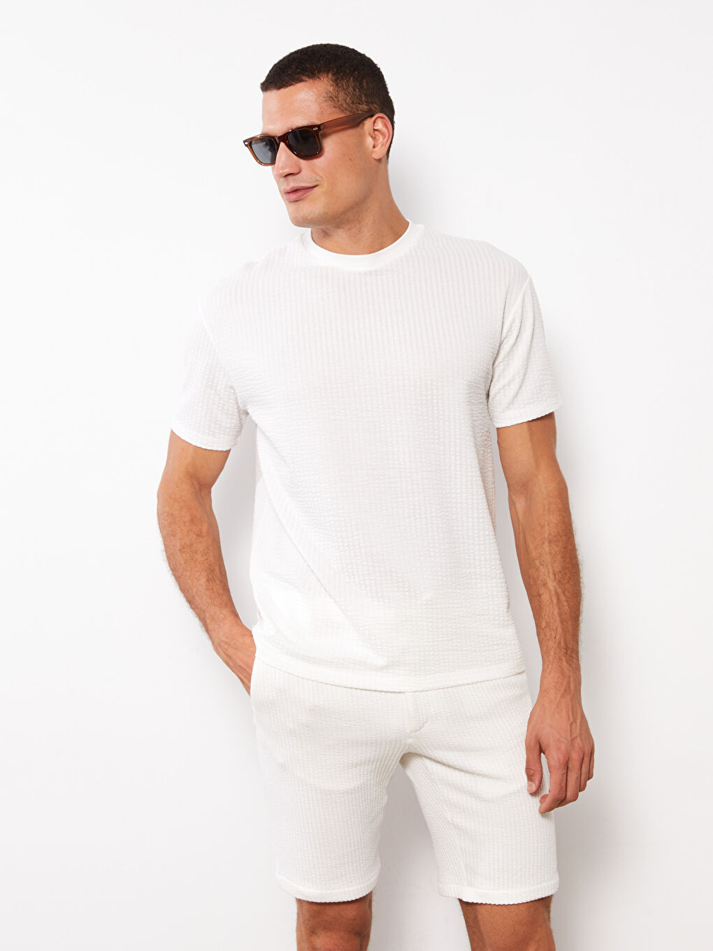 Ekru Bisiklet Yaka Kısa Kollu Çizgili Erkek Tişört-2