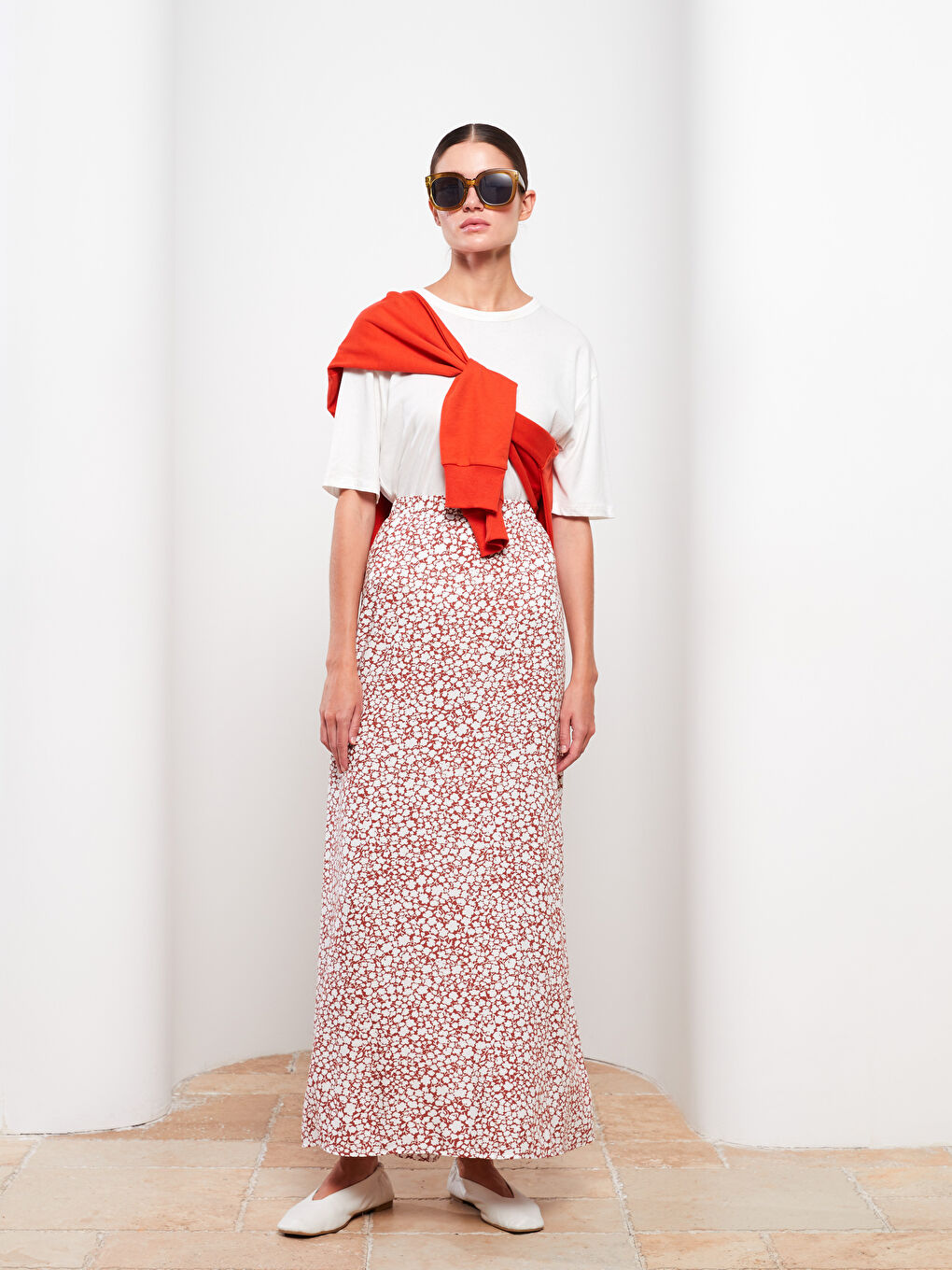 Kahverengi Beli Lastikli Desenli Viskon Kadın Kloş Etek