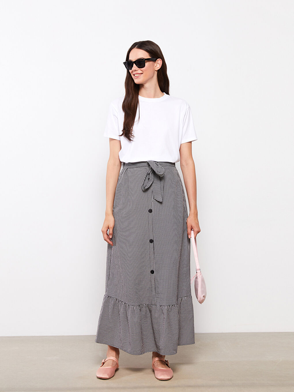 Siyah Beli Lastikli Ekose A Kesim Kadın Etek